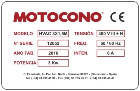 Specification plate on Motocono machinery
